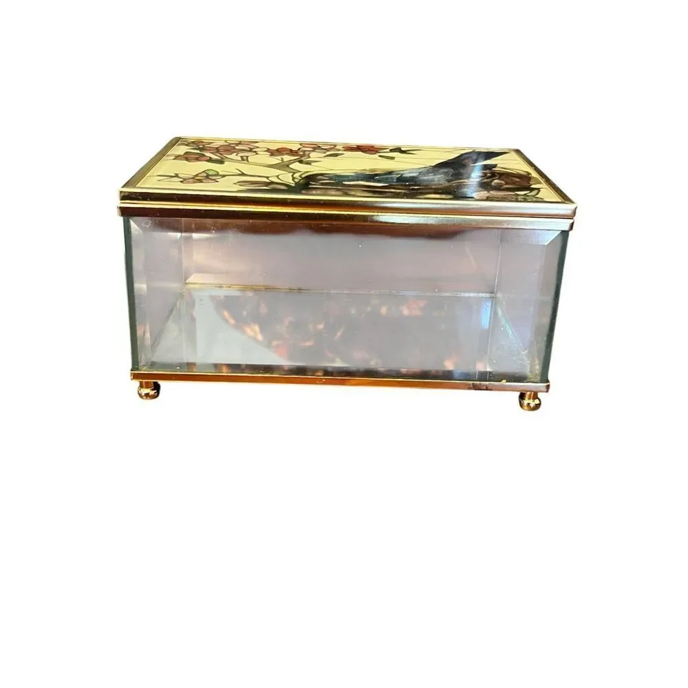 Joan Baker Designs vintage Stain Glass blue jay Hand Painted Trinket Box jewelry